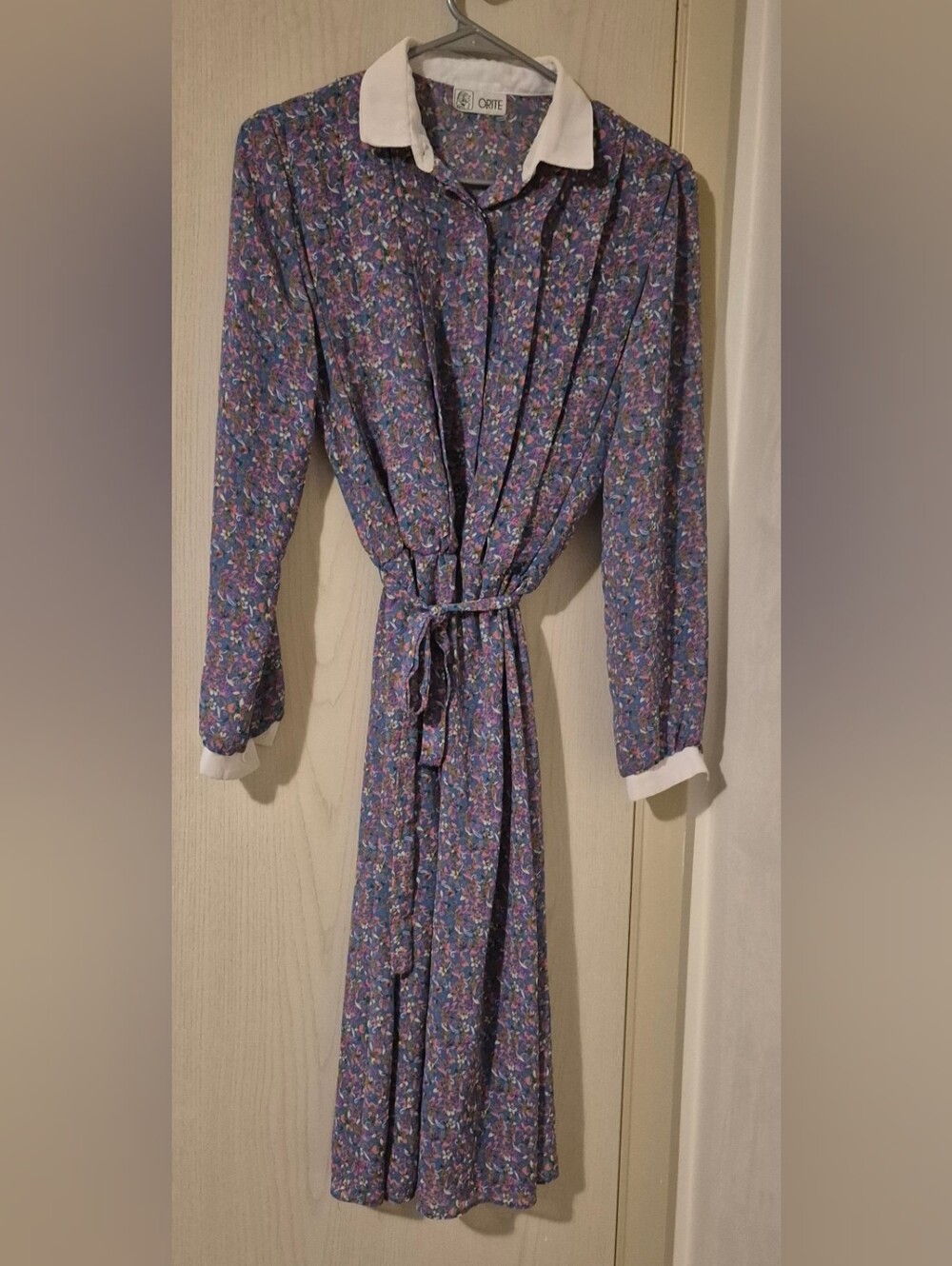 Vintage ORITE Floral Belted Midi Dress Blue Purple 70s 80s